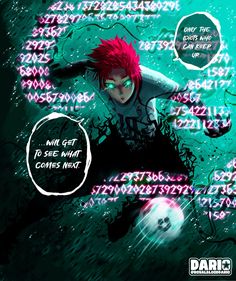 an anime character with red hair and green eyes is flying through the air, surrounded by words