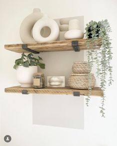 two wooden shelves with vases and plants on them