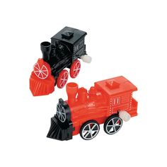 two toy trains sitting next to each other on a white surface, one is red and the other is black