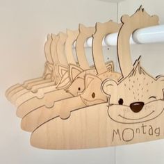 wooden cutouts of different types of animals hanging from hooks