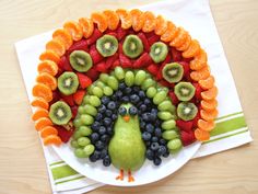 a turkey made out of fruits and kiwis on a plate with the words happy thanksgiving written below it