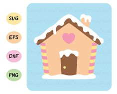 a gingerbread house with hearts on the roof and snow on the roof, surrounded by pastel circles