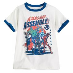 Genuine, Original, Authentic Disney Store Boy Size: XXS (2/3) Distressed screen art for vintage styling Featuring Captain America, Hulk, Thor, Iron Man, Black Panther and The Wasp Jersey knit Off-white color for preworn look Contrast ribbed crew neck and cuffs 100% cotton Cotton Top For Comic-con Fan Merchandise, Cotton Tops For Comic-con Fan Merchandise, Character Print Graphic Tee For Comic-con, Comic-con Character Print Graphic Tee, Themed White T-shirt For Fan Conventions, Summer Themed T-shirt For Disney Fan Events, Themed Summer T-shirt For Disney Fan Events, Cotton T-shirt With Character Print For Disney Events, White T-shirt With Character Print For Disney Fan Events