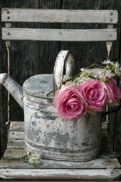 pink roses in a watering can on an old wooden chair with weathered paint and wood slats