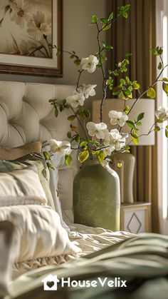 there is a vase with white flowers in it on the table next to the bed