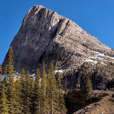 a tall mountain towering over a forest filled with trees