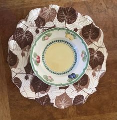 a plate with leaves on it is sitting on the floor