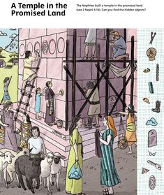 an illustrated book with people and animals in front of a building