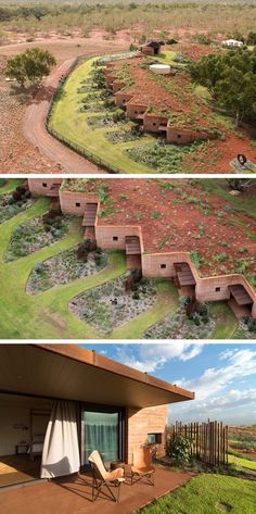 two pictures side by side showing different views of the house and its surroundings, with grass growing on the roof