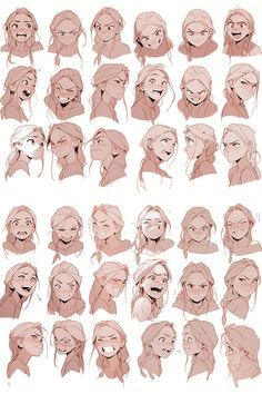 a bunch of different facial expressions drawn by someone with long hair and wearing a headscarf