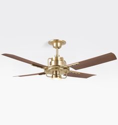 a gold ceiling fan with two wooden blades