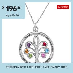 Keep your family near your heart when you sport this necklace personalized with the names and birthstones of all your loved ones. Fashioned in a tree silhouette, this cutout pendant is made of sterling silver. Made in America.Stone: 2.5mm round lab-created gemstonesPersonalize with up to 4 names, 7 characters each name in script font.Choose up to 4 birthstones. Use the letter keys below to represent each month. NOTE: Must use capital letters when choosing months.A=JanuaryB=FebruaryC=MarchD=Apri… Personalized Family Jewelry For Mother's Day, Personalized White Jewelry For Father's Day, Personalized White Sterling Silver Birthstone Necklace, Capital Letters, Tree Silhouette, Birthstone Pendant, Necklace White, Necklace Personalized, Script Font