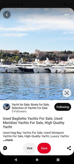 an iphone screenshot of yachts in the water with text that reads, used boats for sale used yachts for sale high quality