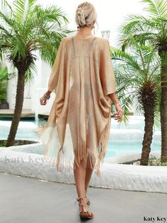 Katykey - Premium Metallic Net Fringed Cover Up: Tassel Semi-sheer Shawl Cardigan Kimono with 3/4 Sleeves - Ideal for Womens Swimwear and Clothing Long Sleeve Fringe Cover-up For Spring, Spring Long Sleeve Fringe Cover-up, Long Sleeve Fringe Summer Cover-up, Spring Open Front Cover-up With Tassels, Harajuku Fashion Kawaii, Shark Plush, Cardigan Kimono, Fringe Kimono, Pastel Outfit