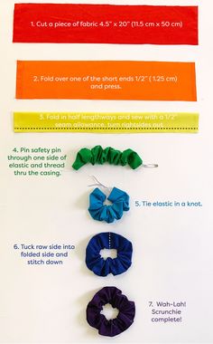 the instructions for how to tie hair ties in different colors and sizes on a white board