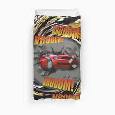 a red sports car driving through the air on a black and yellow background duvet cover