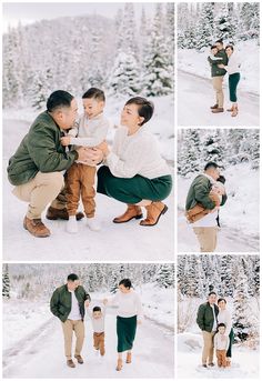 a family poses in the snow with their child