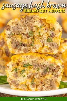 sausage hash browns breakfast muffins stacked on top of each other with text overlay