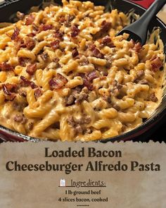 a large skillet filled with loaded bacon cheeseburger alfredo pasta