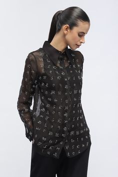 Black button down shirt with myriad script symbol embroidery in zardosi. - Aza Fashions Black Embroidered Formal Tops, Formal Black Embroidered Tops, Designer Embroidered Black Shirt, Designer Black Embroidered Shirt, Designer Embroidered Collared Tops, Black Embroidered Shirt For Formal Occasions, Formal Black Embroidered Shirt, Designer Embroidered Long Sleeve Shirt, Designer Long Sleeve Embroidered Shirt