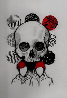 a drawing of a skull with red balls on it's head