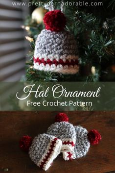 crocheted hat and mitten pattern for christmas tree ornament with text overlay