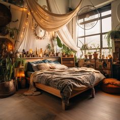 a bed room with a neatly made bed and lots of plants