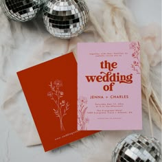 the wedding of jenny and charles is on display in front of some disco balls,