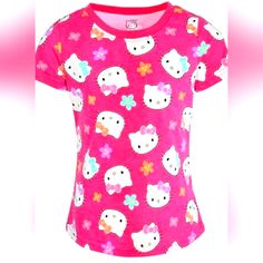 a pink shirt with hello kitty print on the front and side, all in different colors