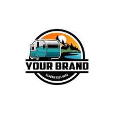 the logo for your brand with an old camper trailer and mountains in the background