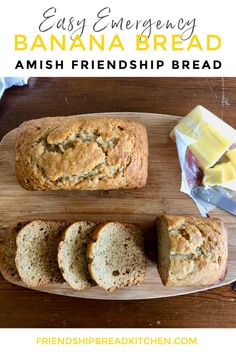 banana bread on a wooden cutting board with butter