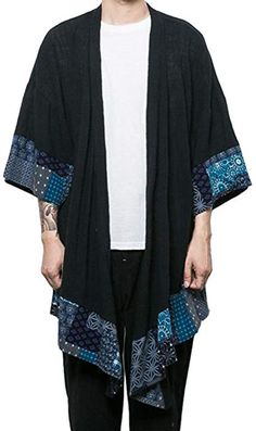 JINIDU Men's Cotton Cardigan Kimono Style Vintage Poncho Cloak Open Front Cape at Amazon Men’s Clothing store: Sweater Street Style, Long Kimono Jacket, Moda Kimono, Ceremonial Clothing, Very Short Dress, Male Kimono, Mode Kimono, Linen Cardigan, Men's Cardigan