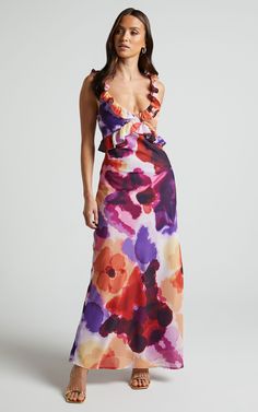 Charlie Midi Dress - V Neck Low Back Frill Detail Dress in Watercolour Floral Multicolor Floral Print Maxi Dress For Cocktail, Date Night Multicolor Floral Print Maxi Dress, Multicolor Floral Print Maxi Dress For Date Night, Formal Wedding Guest Attire, Watercolor Floral Dress, Outfit Inspo Spring, Maxi Dress Wedding Guest, Floral Cocktail Dress