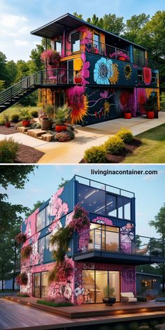 two pictures of a colorful house with flowers on it