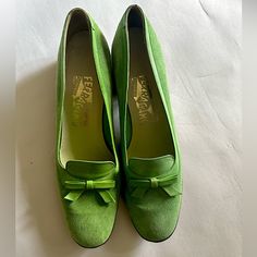 Unworn Round Toe Ferragamo Suede Loafers With Leather Detailing And Bow And Wooden Heel And Accents Green Formal Loafers For Spring, Formal Green Loafers For Spring, Spring Green Formal Loafers, Spring Formal Green Loafers, Green Slip-on Heels For Formal Occasions, Manly Gifts, Leather Detailing, Shoes Green, Older Women Fashion