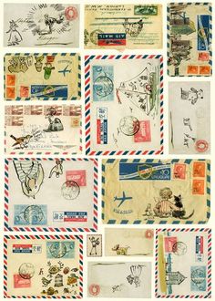 many different envelopes with stamps and pictures on them, all lined up in the same pattern