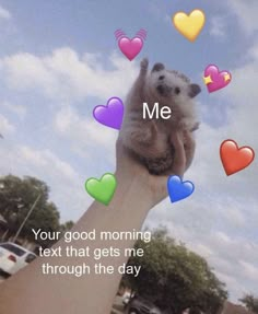 someone holding a hedge up in the air with hearts coming out of it and saying, me your good morning text that gets me through the day