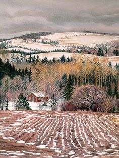 a painting of a snowy landscape with trees and a red barn in the distance on a hill