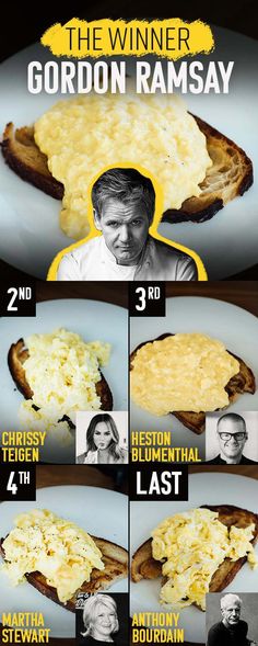 A true culinary showdown. The contenders? Bourdain, Ramsay, Teigen, Blumenthal, and Stewart. Scrambled Egg Recipes, Comfort Breakfast, Tofu Scrambled Eggs, Chrissy Teigen Recipes, Best Scrambled Eggs, Scramble Eggs, Boiled Egg Recipes, Hard Boiled Egg Recipes, Creamy Scrambled Eggs