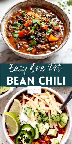 an easy one pot bean chili recipe with cheese, avocado and cilantro