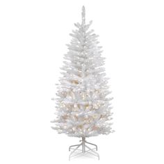 a white christmas tree with lights on it's branches and the base is shown