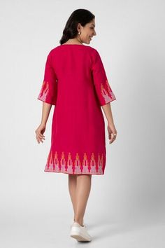 Hot pink dress with neon stuf embellishment in NY pattern on border. - Aza Fashions Hot Pink Dress, Hot Pink Dresses, Embellished Dress, Women Dresses, Aza Fashion, Three Quarter, Pink Dress, Dresses Midi, Hot Pink