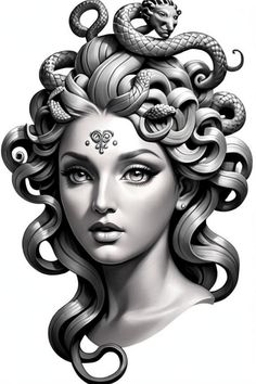 a drawing of a woman with snakes on her head and hair in the shape of a snake