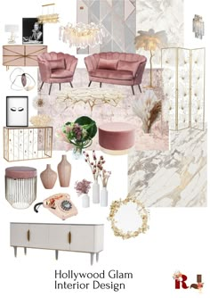 the interior design mood board for hollywood glam, featuring pink furniture and gold accents