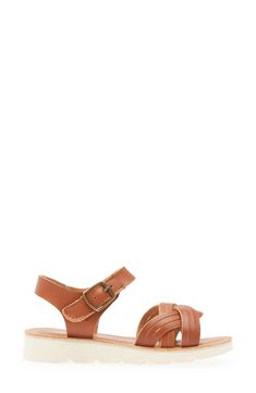 Memory foam cushioning brings comfort with every step they take in this go-anywhere leather sandal shaped with wavy woven straps. Leather upper/synthetic lining and sole Imported Cognac, Leather Sandals, Memory Foam, Leather Upper, Nordstrom, Sandals, Leather