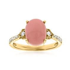 Ross-Simons - Pink Opal and .18 ct. t. w. Diamond Ring in 14kt Yellow Gold. Size 8. On this enchanting ring, a beautiful 10x8mm oval pink opal cabochon casts a rosy hue from beneath its smooth surface. Shimmering .18 ct. t. w. round brilliant-cut diamonds adorn the band for added luminosity. Crafted in 14kt yellow gold. 3/8" wide. Diamond and pink opal ring. Opal birthstones are the perfect gift for October birthdays. October Birthdays, Pink Opal Ring, Opal Birthstone, October Birthday, Ring Opal, Opal Ring, Pink Opal, Round Brilliant Cut Diamond, Opal Rings