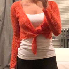 Originally Purchased In Ireland. Size Not Indicated But Looks Like A Small. Ties In The Front. Hand Knitted. Orange Tie Sweater, Fitted Cardigan For Brunch, Fitted Cardigan For Brunch In Fall, Fitted Orange Cardigan For Spring, Chic Fitted Lace Cardigan, Tie Sweater, Orange Tie, Front Hand, Mohair Wool