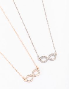 This necklace duo contains two individual pendant necklaces, one in a gold setting and the other in silver. Both pendants feature an eye-catching, infinity symbol for a timeless touch. Dimensions: Chain Length 45cm Extender: 8cm Weight: 16.5g | Lovisa Gold & Silver Infinity Diamante Necklace Pack Infinity Chain, Infinity Symbol, Gold Set, Chain Lengths, Chain Length, Pendant Necklaces, Silver Gold, Necklaces, Pendant Necklace