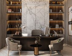 an elegant office with marble walls and shelvings on the wall, along with two chairs