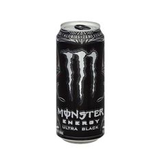 the monster energy drink is black and has white lettering on it, which reads monster energy energy